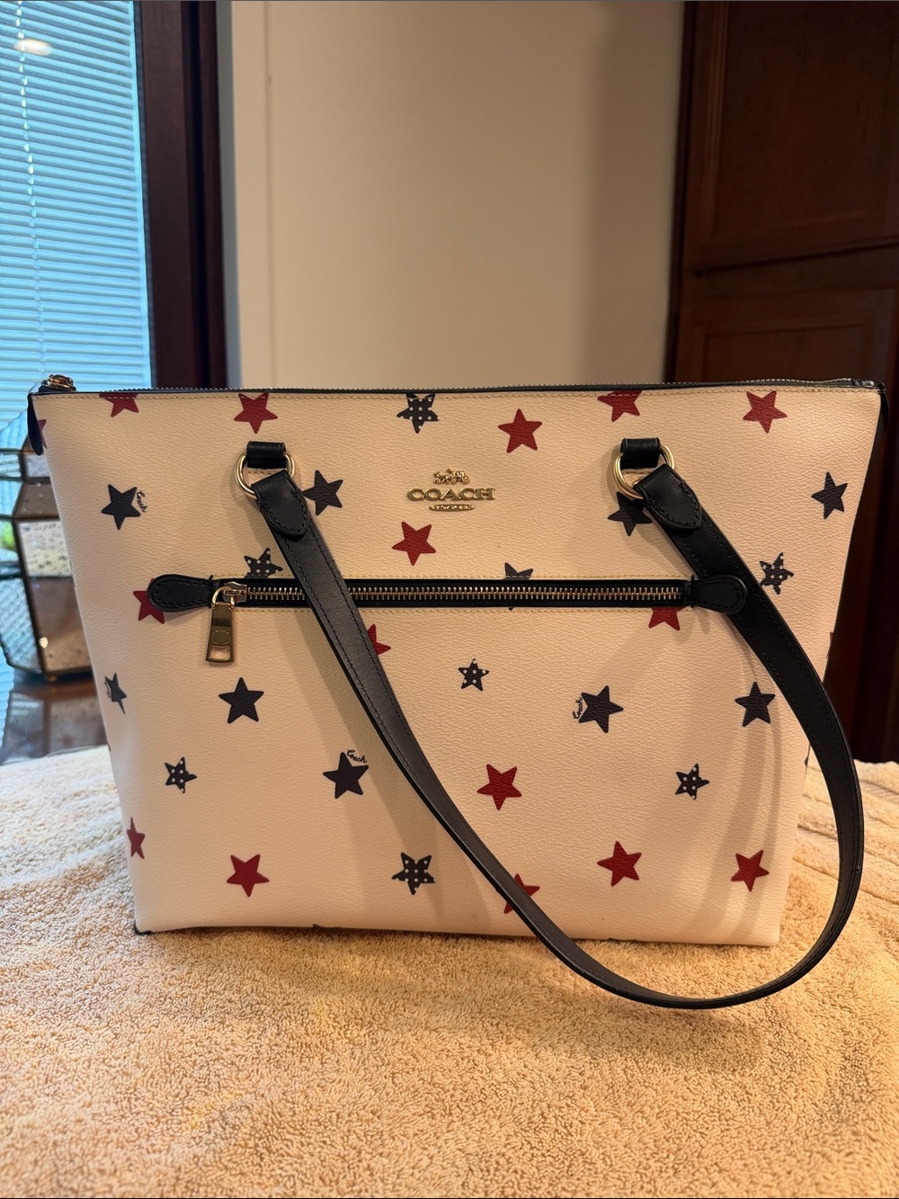 Coach White Leather Tote with Red & Blue Star Print
